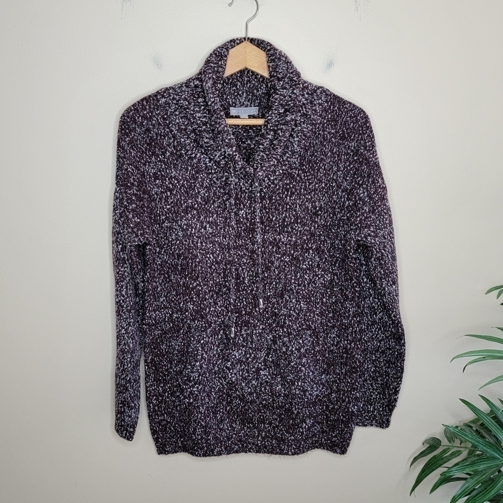 Evolution by Cyrus Maroon Black Gray Marled Drawstring Cowl Neck Sweater Large